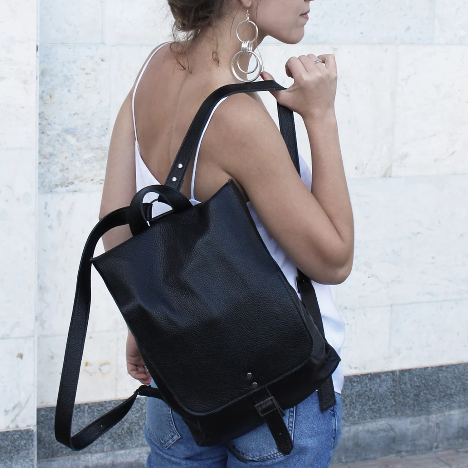 Solid Black Grain Vertical Flap Backpack With Adjustable Buckle Strap, Multi Storage Pockets And Built-In Interior Key Hook