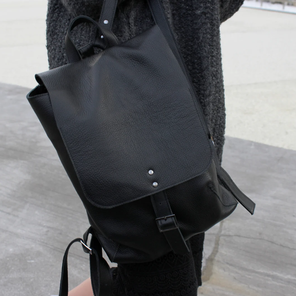 Solid Black Grain Vertical Flap Backpack With Adjustable Buckle Strap, Multi Storage Pockets And Built-In Interior Key Hook