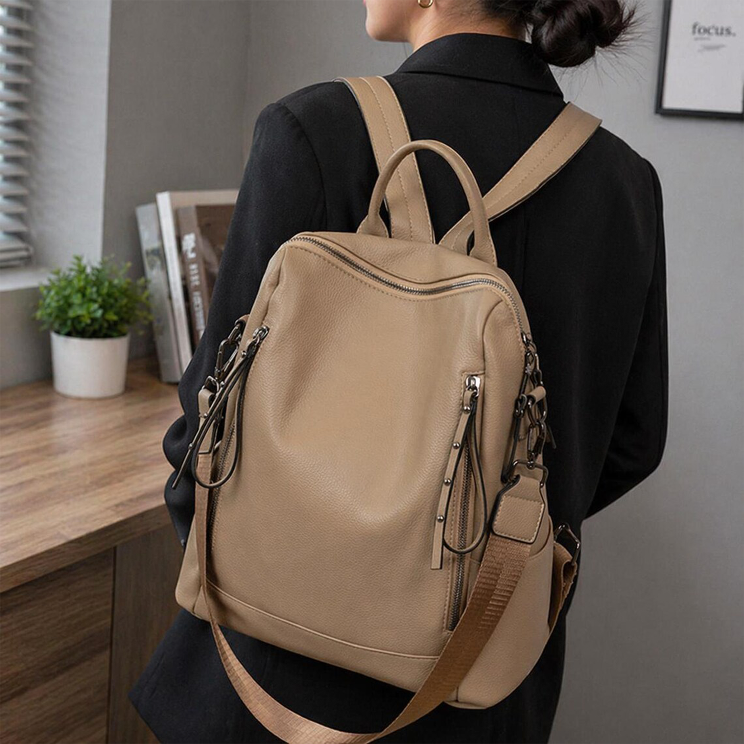 Grain Structured Convertible Daypack With Multi-Zip Front Pockets, Dual Back Straps And Detachable Side Hanging Carry Strips